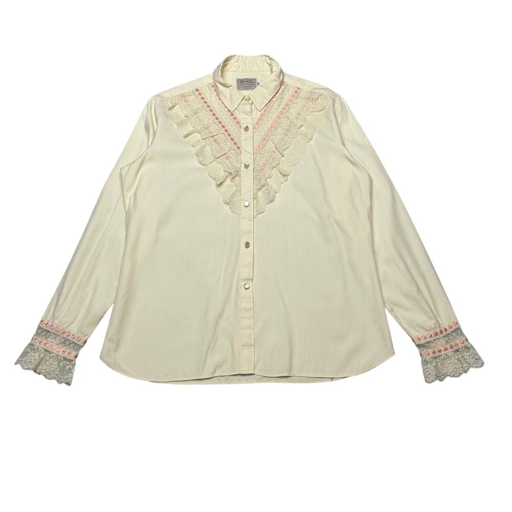 Vintage 70s H Bar C Western Ruffle Button Up Women's 38 Rockabilly Prairie Ranch